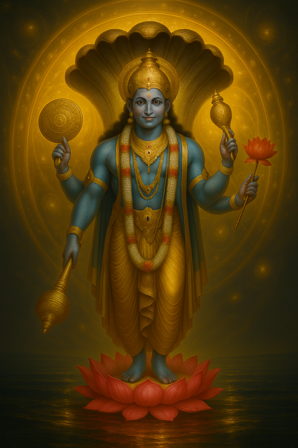 Śrī Viṣṇu – chakra, śaṅkha, gadā, padma; ocean backdrop