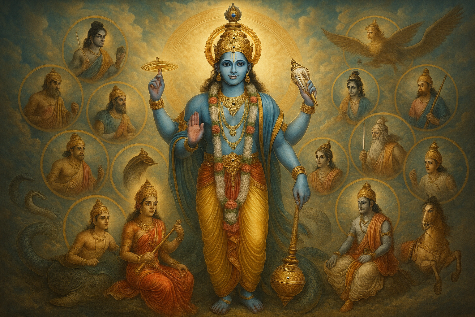 Śrī Viṣṇu standing serenely; celestial radiance